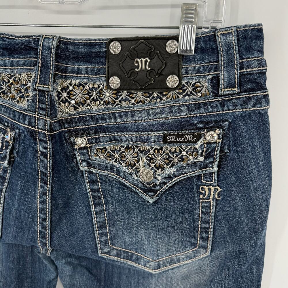 VTG y2k Women's Mid Rise Studded Floral Miss Me Bootcut Blue Denim Jeans Sz 33 - Picture 9 of 11